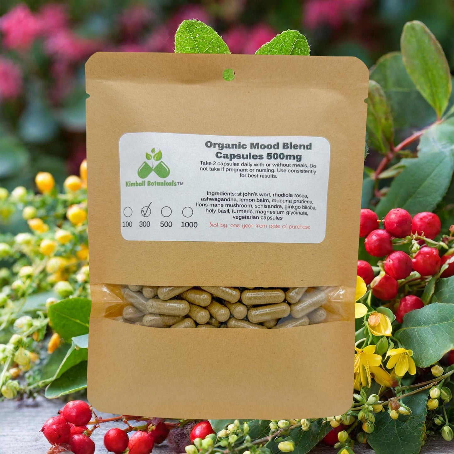 Organic Mood Blend 500mg or 650mg vegetarian or pullulan capsules, NON GMO, sustainably harvested, made fresh to order