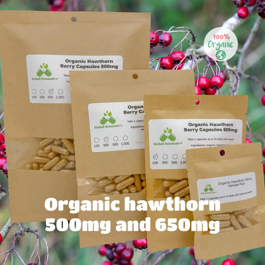 Organic Hawthorn Berry (Crataegus) 500mg and 650mg vegetarian or pullulan capsules or tincture, made fresh to order with zero fillers. - Kimball Botanicals LLC