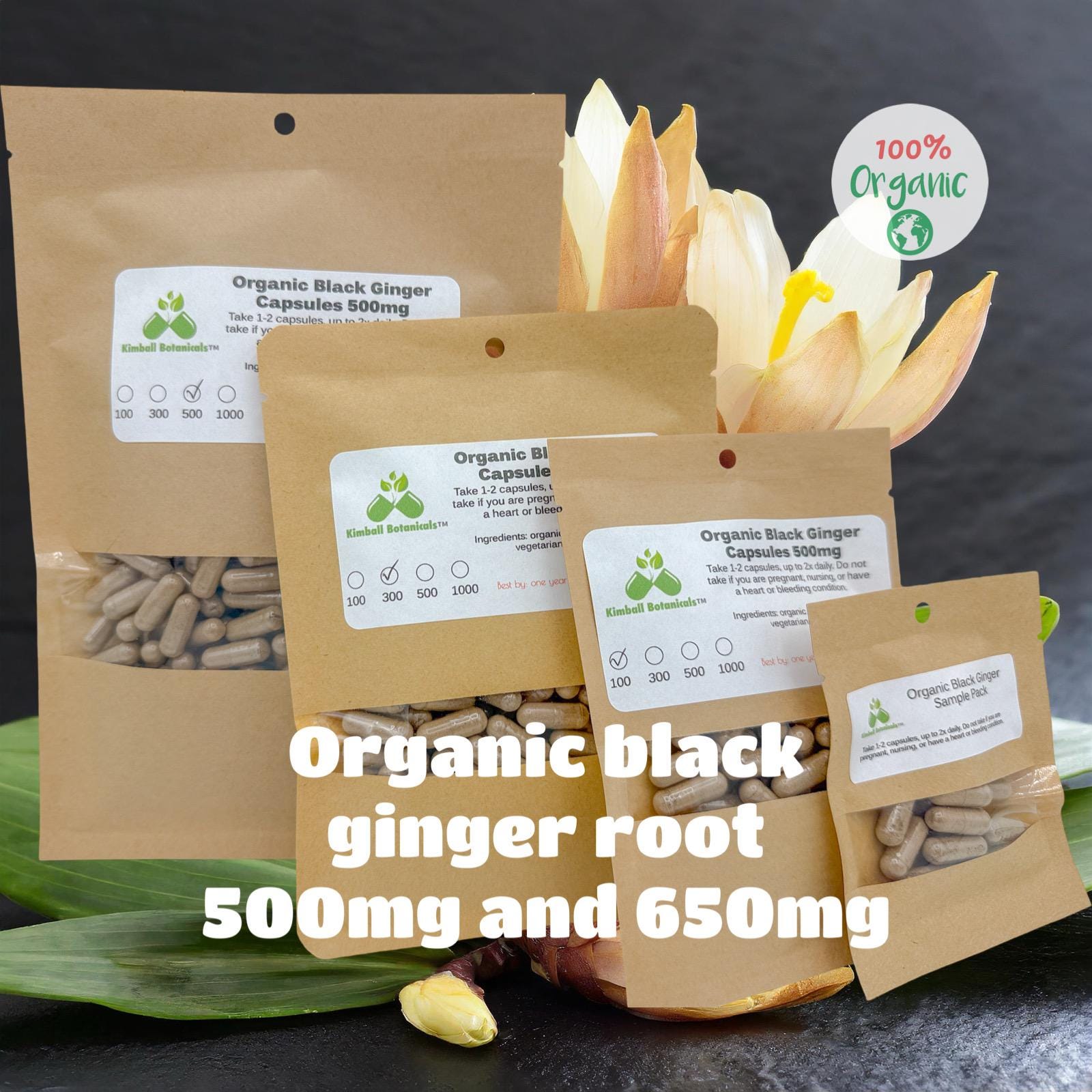 Certified Organic Black Ginger Root, (Kaempferia parviflora) 500mg or 650mg, vegetarian or pullulan capsules made fresh to order