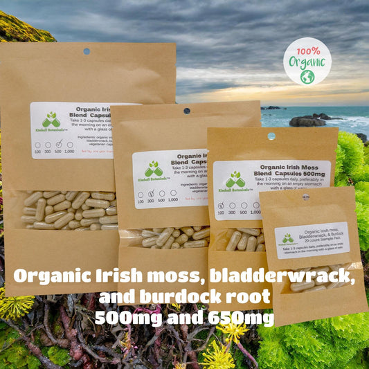Organic Irish Moss Bladderwrack and Burdock 500mg and 650mg vegetarian or pullulan capsules or tincture, made fresh to order.