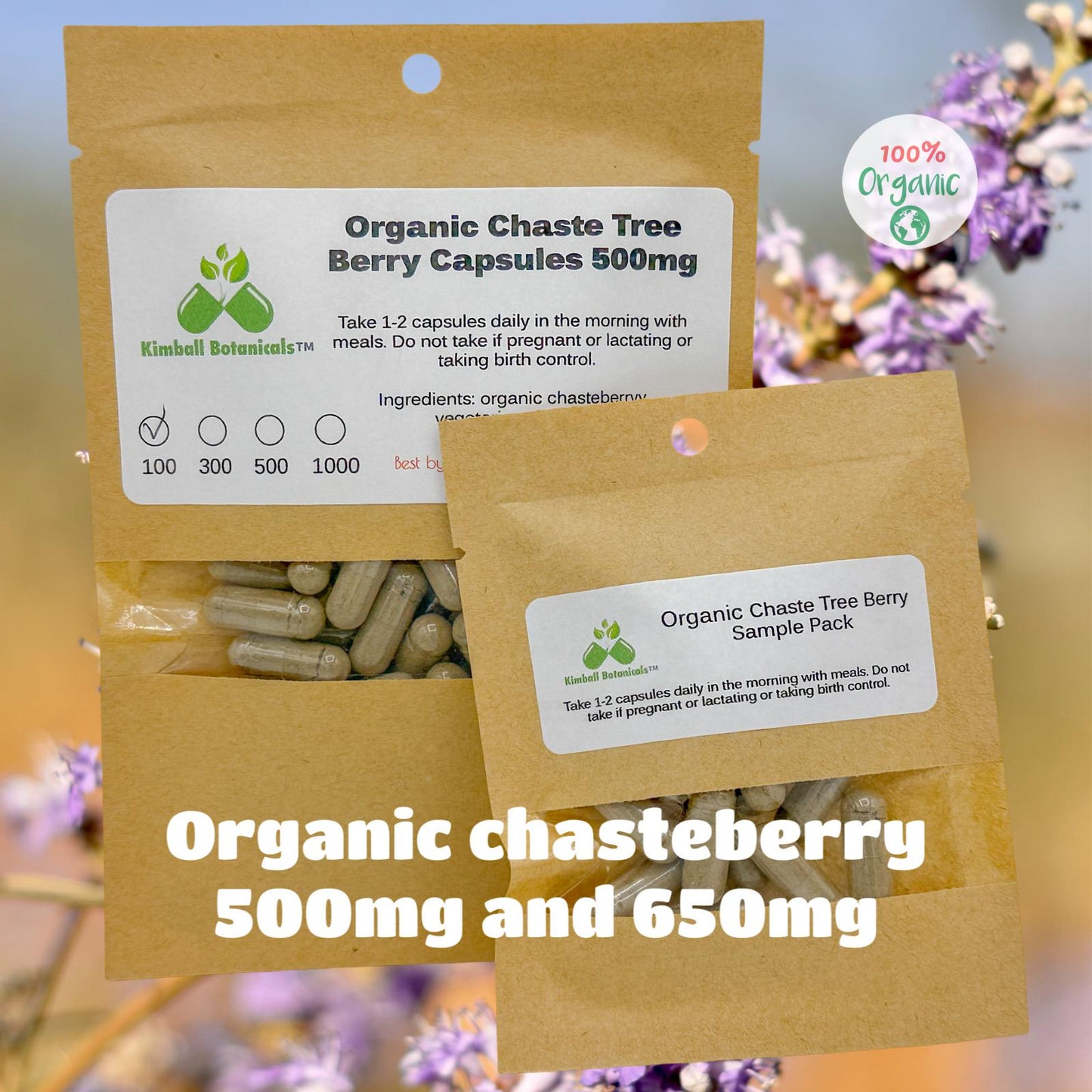 Organic Chaste Tree Berry (Vitex agnus-castus) 500mg and 650mg vegetarian capsules made fresh to order