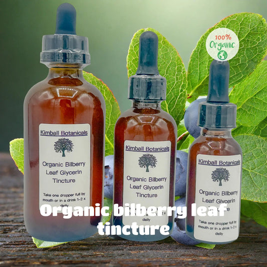 Certified Organic Handcrafted Bilberry Leaf Double Extracted Glycerin Tincture sustainably harvested NON GMO - Kimball Botanicals LLC