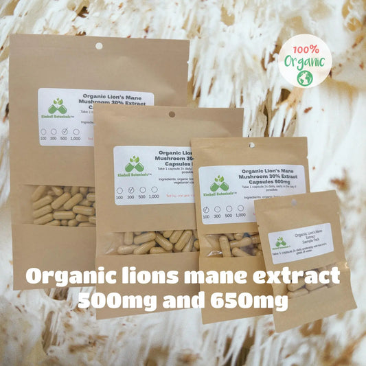 Organic Lions Mane Mushroom extract (Hericium erinaceus) 30% polysaccharides 500mg or 650mg vegetarian and pullulan capsules - Kimball Botanicals LLC