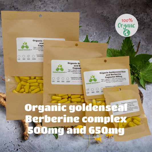 Organic Goldenseal Root and Berberine (Hydrastis canadensis) 500mg and 650mg vegetarian or pullulan capsules, made fresh to order