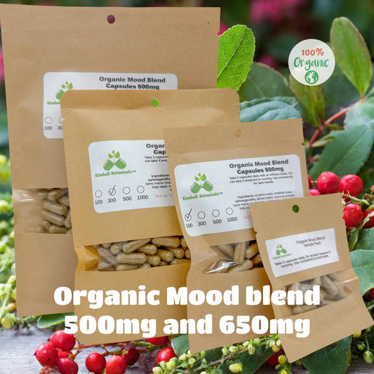 Organic Mood Blend 500mg or 650mg vegetarian or pullulan capsules, NON GMO, sustainably harvested, made fresh to order - Kimball Botanicals LLC