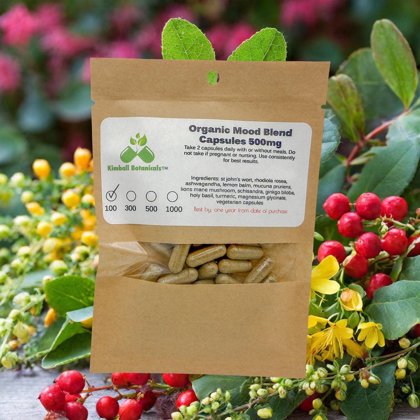 Organic Mood Blend 500mg or 650mg vegetarian or pullulan capsules, NON GMO, sustainably harvested, made fresh to order