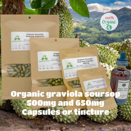 Organic Graviola Soursop Leaf (Annona muricata) 500mg or 650mg vegetarian pullulan capsules or tincture, made fresh to order