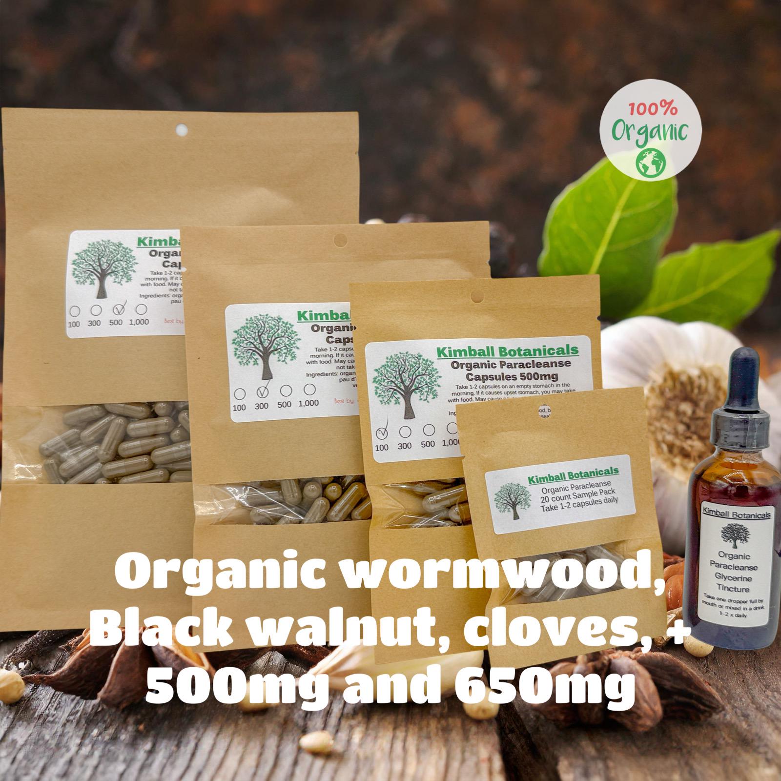 Organic Paracleanse 500mg or 650mg vegetarian capsules or double extracted tincture, NON GMO, sustainably harvested, made fresh to order