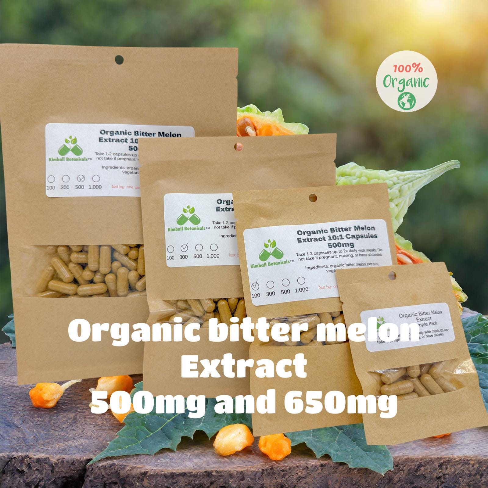 Organic Bitter Melon (Momordica charantia) 10:1 extract, 500mg and 650mg vegetarian or pullulan capsules, made with zero fillers