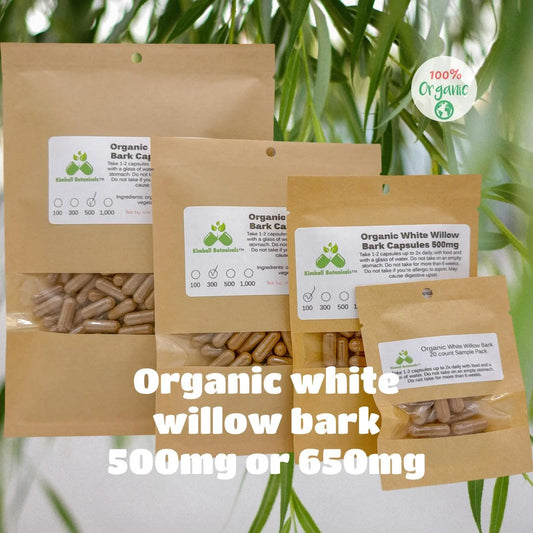 Certified Organic White Willow Bark (Salix Alba) 500mg or 650mg vegetarian or pullulan capsules, or tincture, made fresh to order - Kimball Botanicals LLC