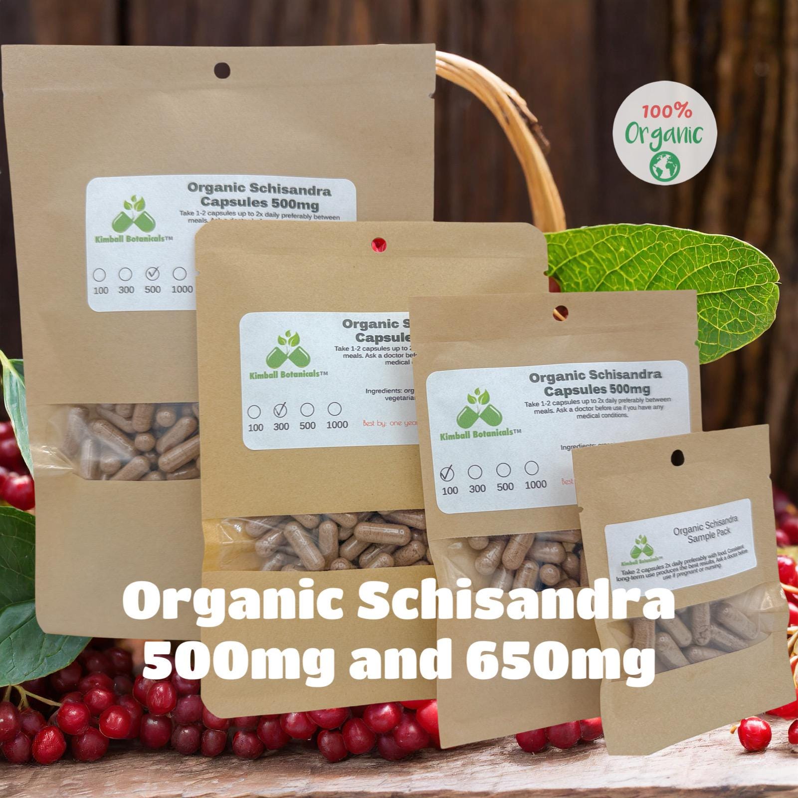 USDA Organic Schisandra Berry (Schisandra chinensis), 500mg or 650mg, vegetarian or pullulan capsules made fresh to order