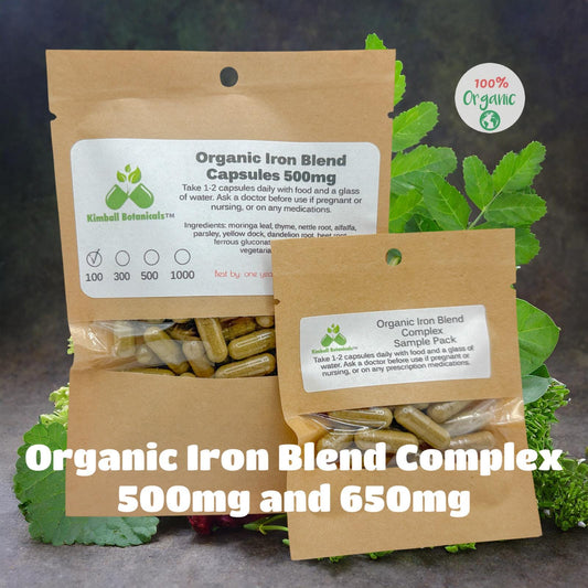 Organic Herbal Iron Blend, 500mg or 650mg vegetarian pullulan capsules, made fresh to order