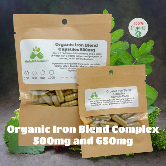 Organic Herbal Iron Blend, 500mg or 650mg vegetarian pullulan capsules, made fresh to order - Kimball Botanicals LLC