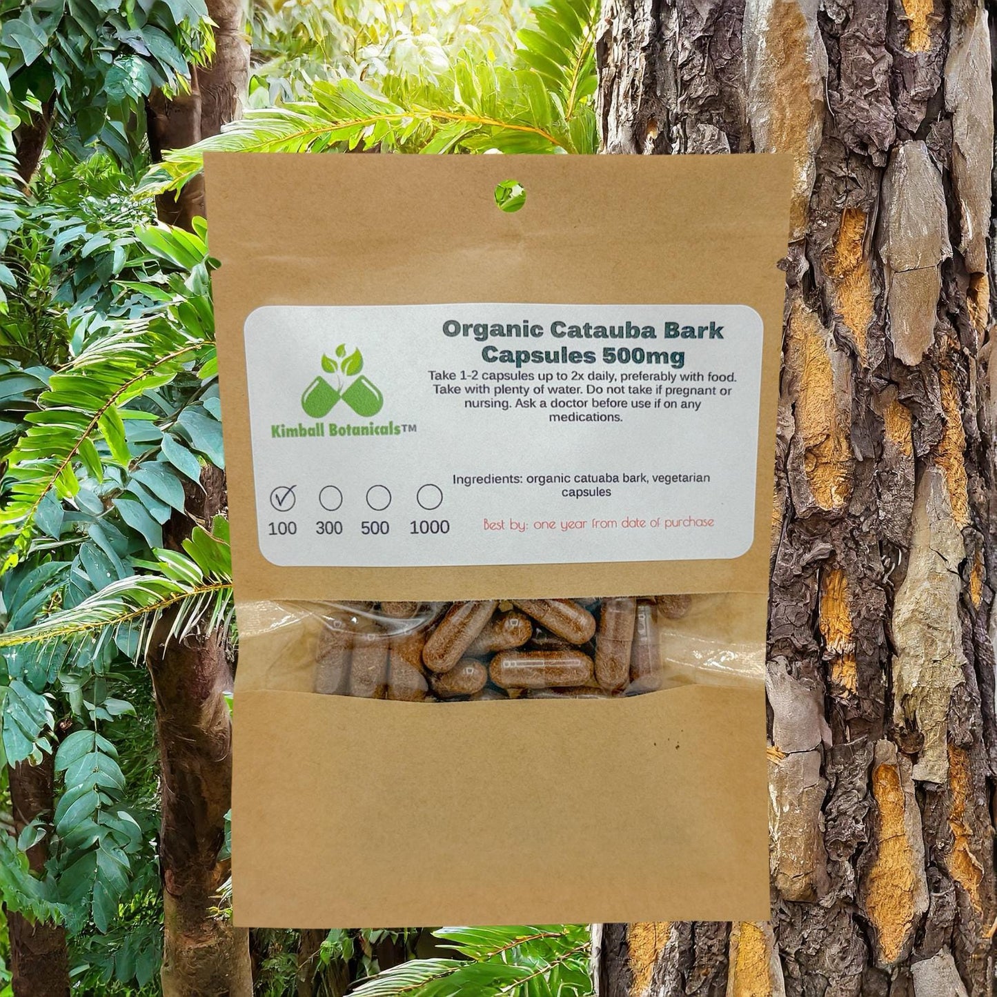 Organic Catuaba Bark (Erythroxylum catuaba) 500mg and 650mg vegetarian capsules made fresh to order