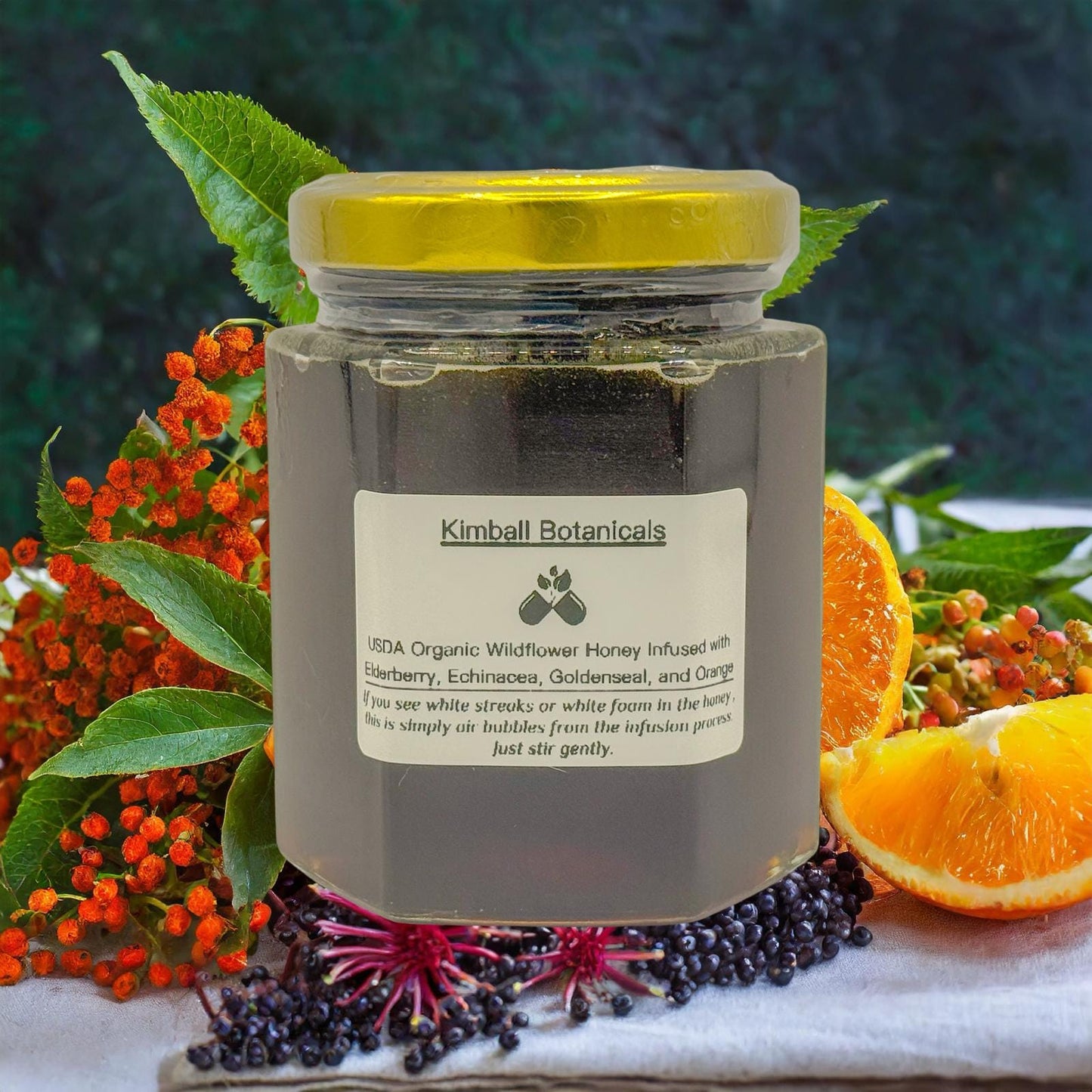 USDA Certified Organic Herbal Elderberry, Orange, Echinacea, and Goldenseal Infused Wildflower Honey