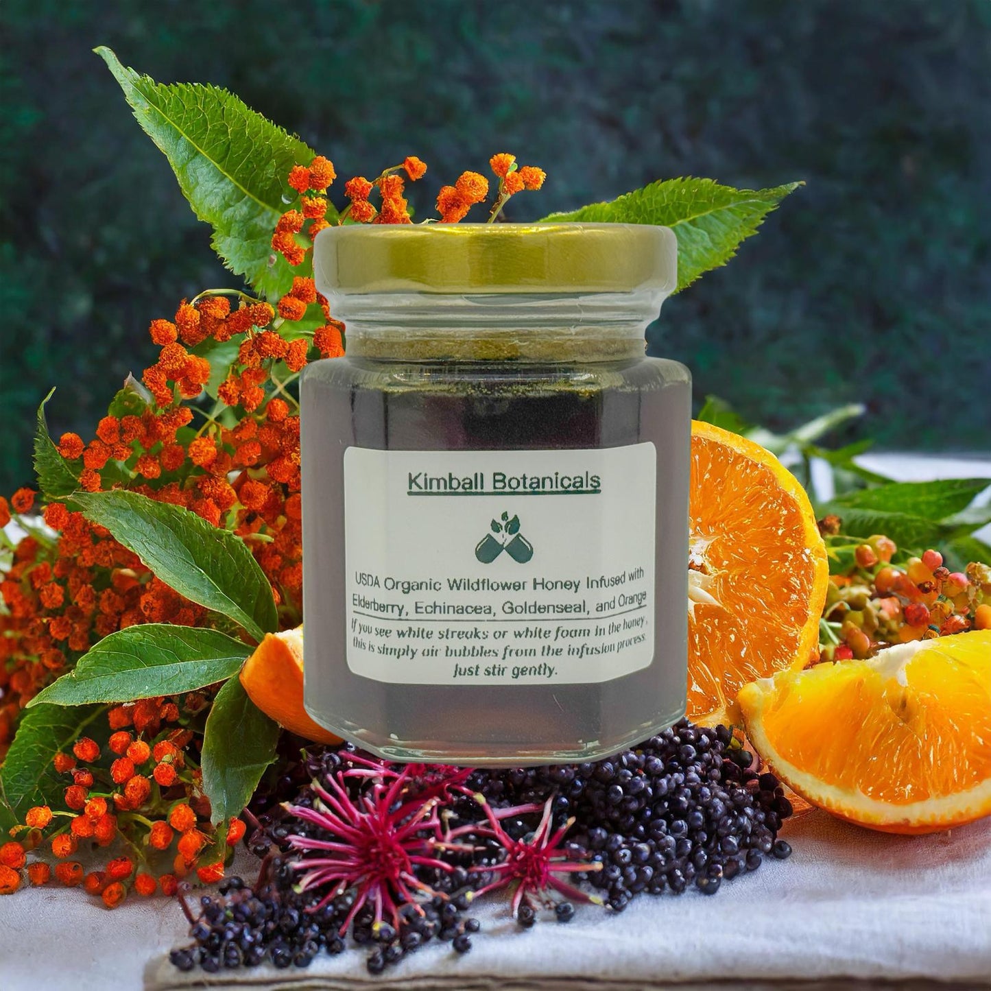 USDA Certified Organic Herbal Elderberry, Orange, Echinacea, and Goldenseal Infused Wildflower Honey