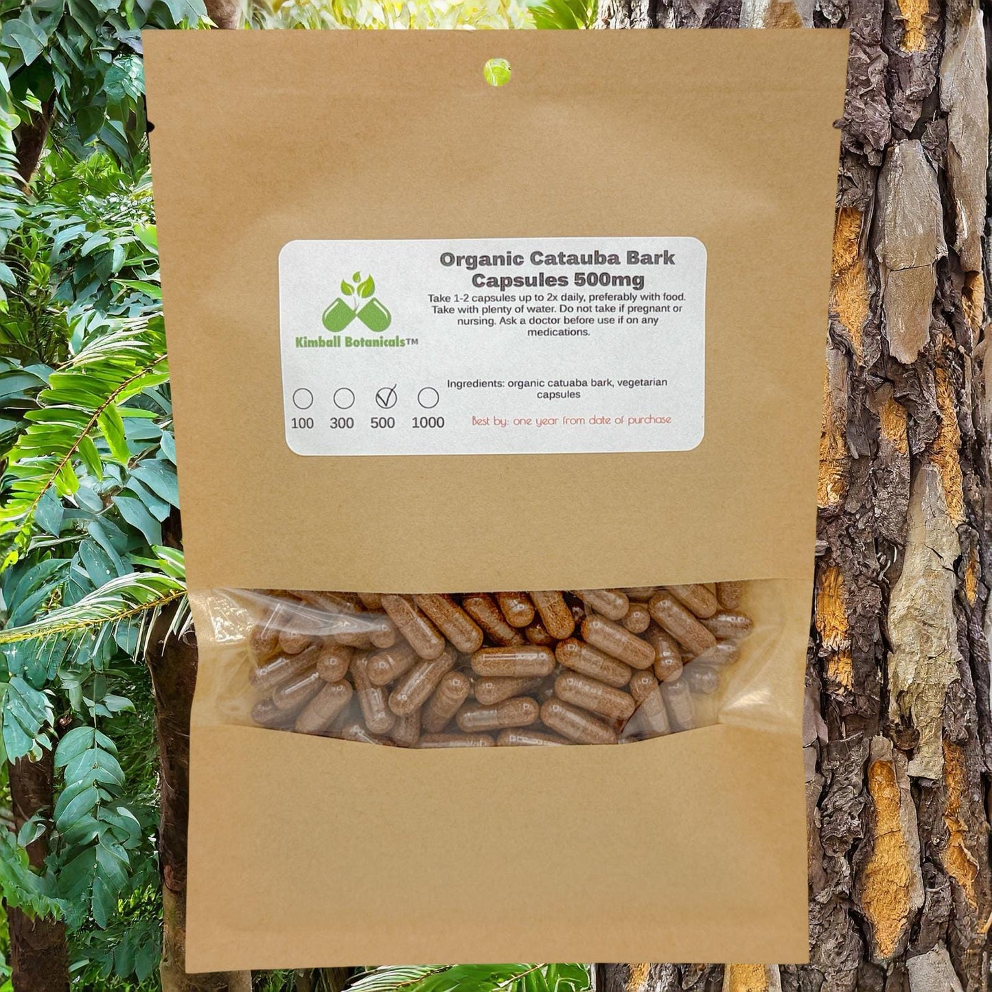 Organic Catuaba Bark (Erythroxylum catuaba) 500mg and 650mg vegetarian capsules made fresh to order