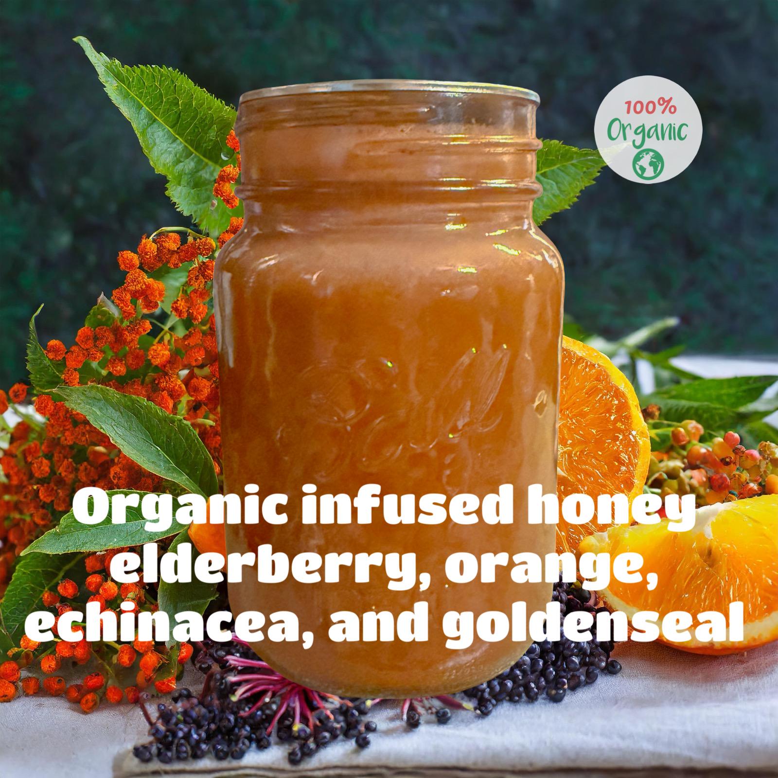 USDA Certified Organic Herbal Elderberry, Orange, Echinacea, and Goldenseal Infused Wildflower Honey