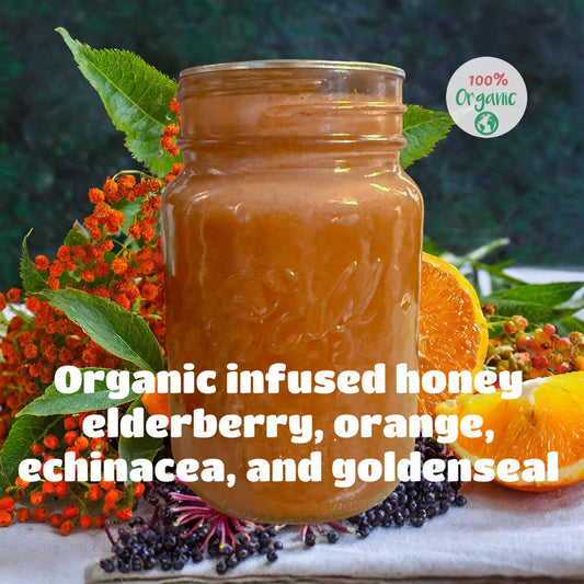 USDA Certified Organic Herbal Elderberry, Orange, Echinacea, and Goldenseal Infused Wildflower Honey