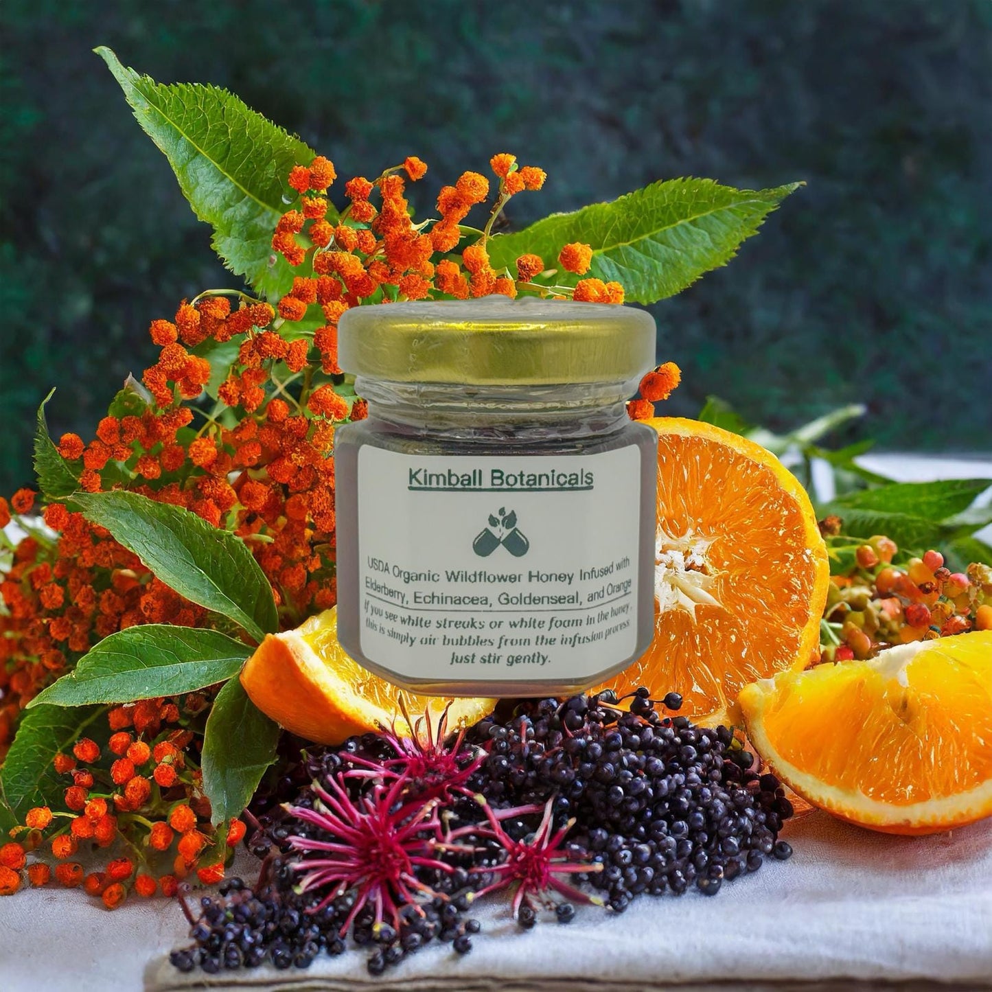 USDA Certified Organic Herbal Elderberry, Orange, Echinacea, and Goldenseal Infused Wildflower Honey