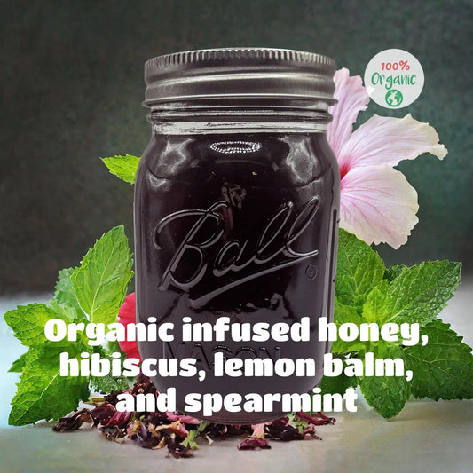 USDA Certified Organic Herbal Hibiscus, Lemon Balm, and Spearmint Infused Wildflower Honey - Kimball Botanicals LLC