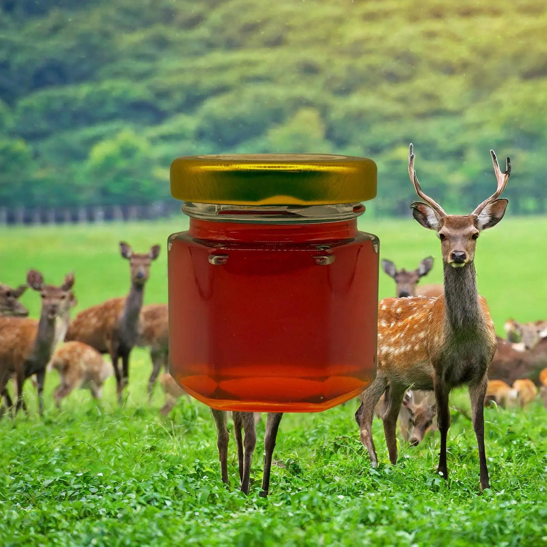 Deer Antler Velvet Raw Honey product jar photographed outdoors with sika deer in the background