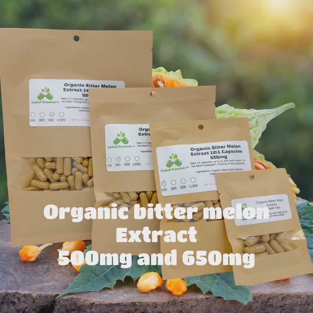 Organic Bitter Melon (Momordica charantia) 10:1 extract, 500mg and 650mg vegetarian or pullulan capsules, made with zero fillers