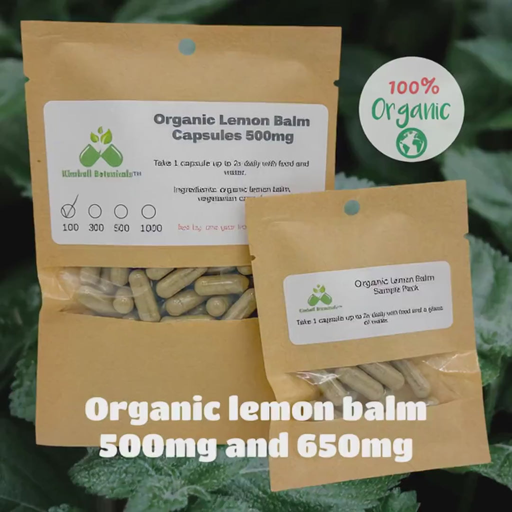 Organic Lemon Balm (Melissa officinalis) 500mg or 650mg vegetarian and pullulan capsules or tincture, made fresh to order