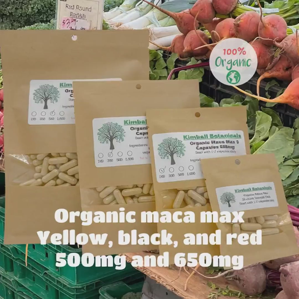 USDA Organic Maca Max Blend red, yellow, and black maca 500mg and 650mg vegetarian capsules or tincture, made fresh to order.