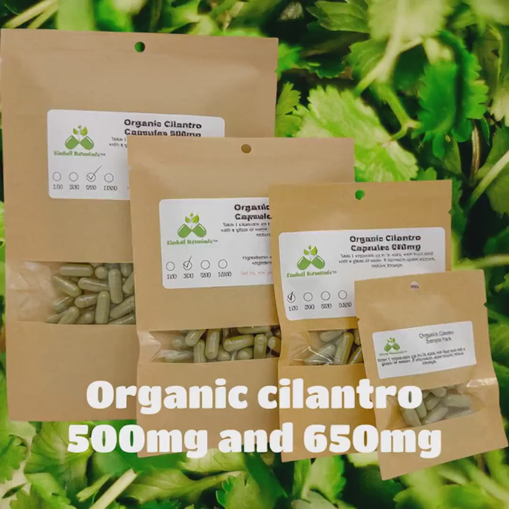 Organic Cilantro (Coriandrum sativum) 500mg and 650mg vegetarian or pullulan capsules, no fillers or binders of any kind