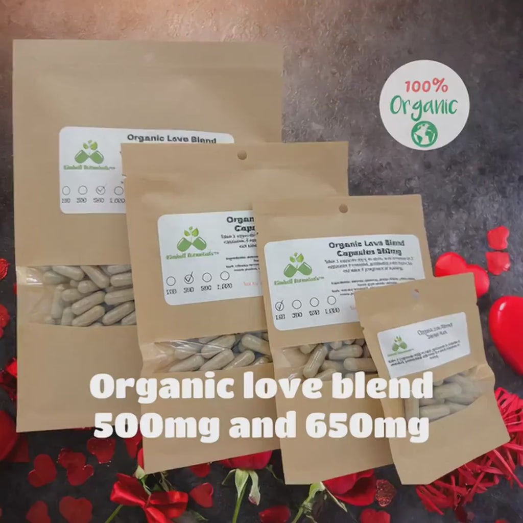 Organic Love Blend 500mg or 650mg vegetarian or pullulan capsules, made fresh to order