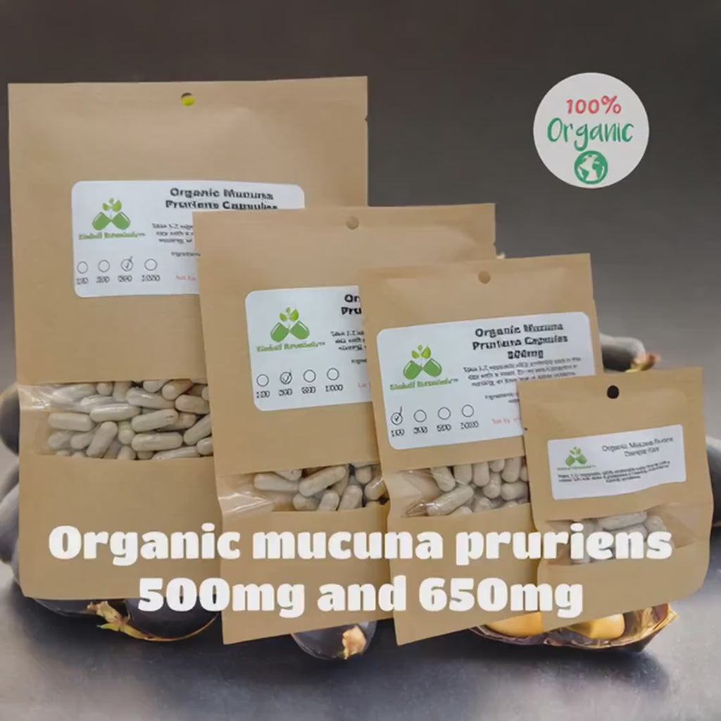 USDA Certified Organic Velvet Bean (mucuna pruriens) 500mg or 650mg vegetarian pullulan capsules, made fresh to order