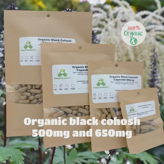Certified Organic Black Cohosh (Actaea racemosa) 500mg and 650mg or pullulan vegetarian capsules made fresh to order.