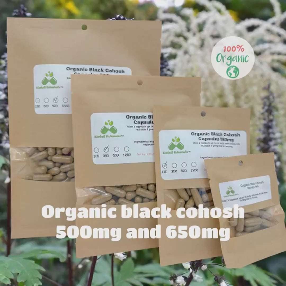 Certified Organic Black Cohosh (Actaea racemosa) 500mg and 650mg or pullulan vegetarian capsules made fresh to order.