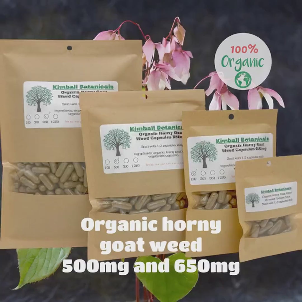 Organic Horny Goat Weed, Barrenwort, (Epimedium) 500mg and 650mg vegetarian or pullulan capsules made fresh to order
