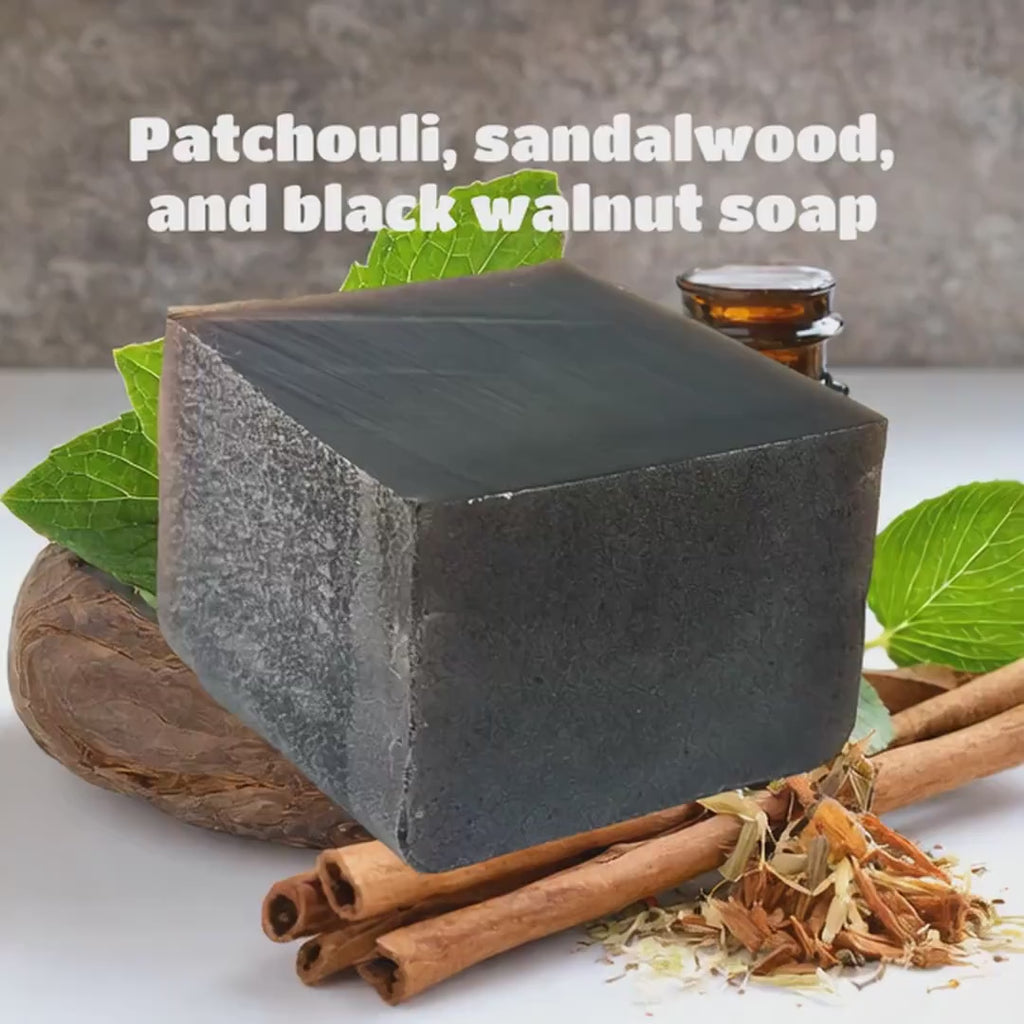 Handmade Black Walnut Herbal Patchouli Cedarwood Glycerin Soap, earthy woodsy scent, large 5oz bar