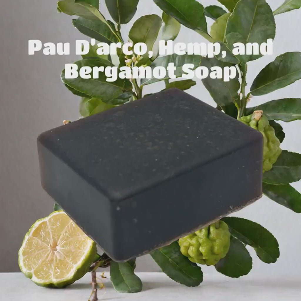 Natural Handmade Pau D’arco Herbal Hemp Bergamot Glycerin Soap, earthy woodsy scent, 3.2oz bar