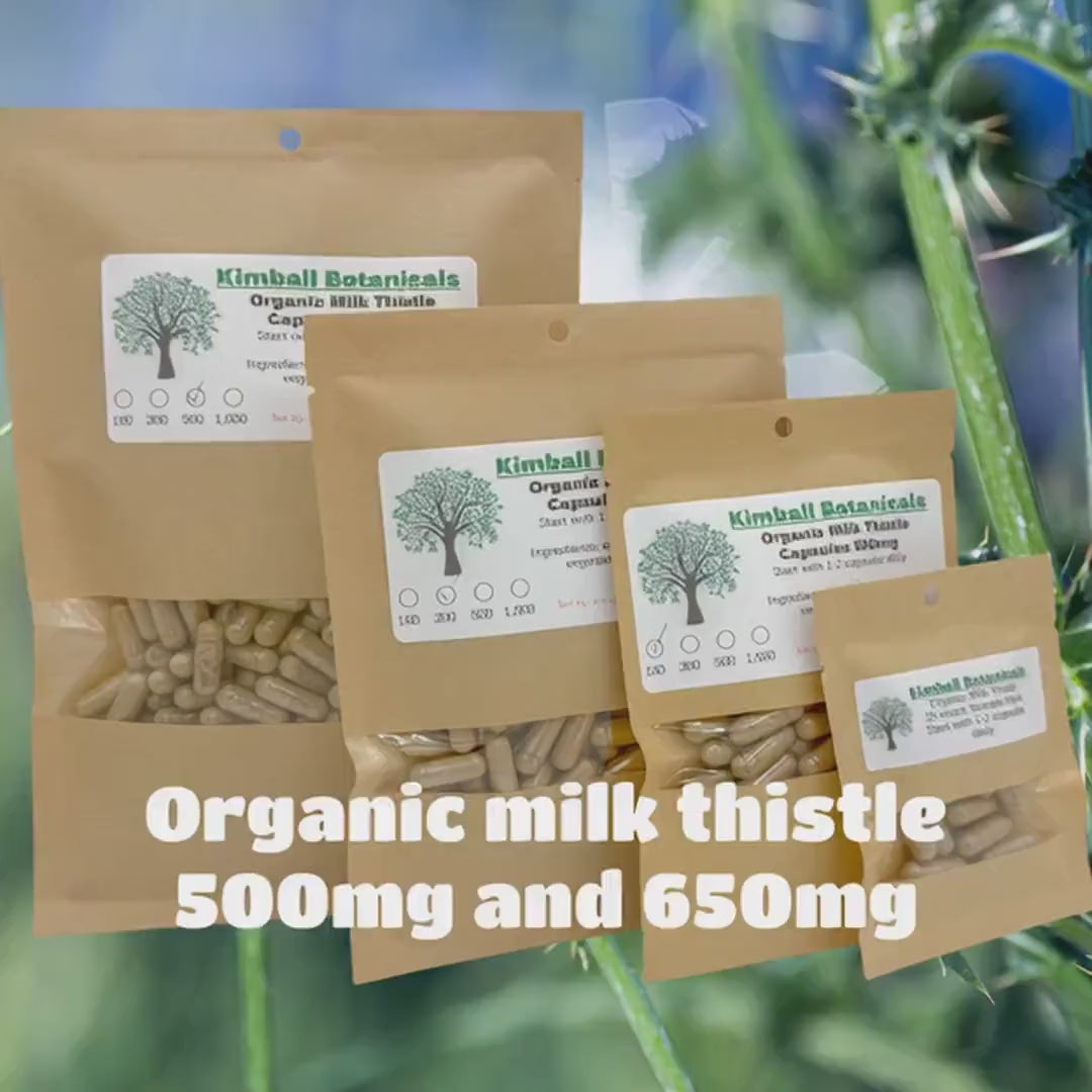 Certified Organic Milk Thistle (Silybum marianum) 500mg and 650mg vegetarian or pullulan capsules made fresh to order