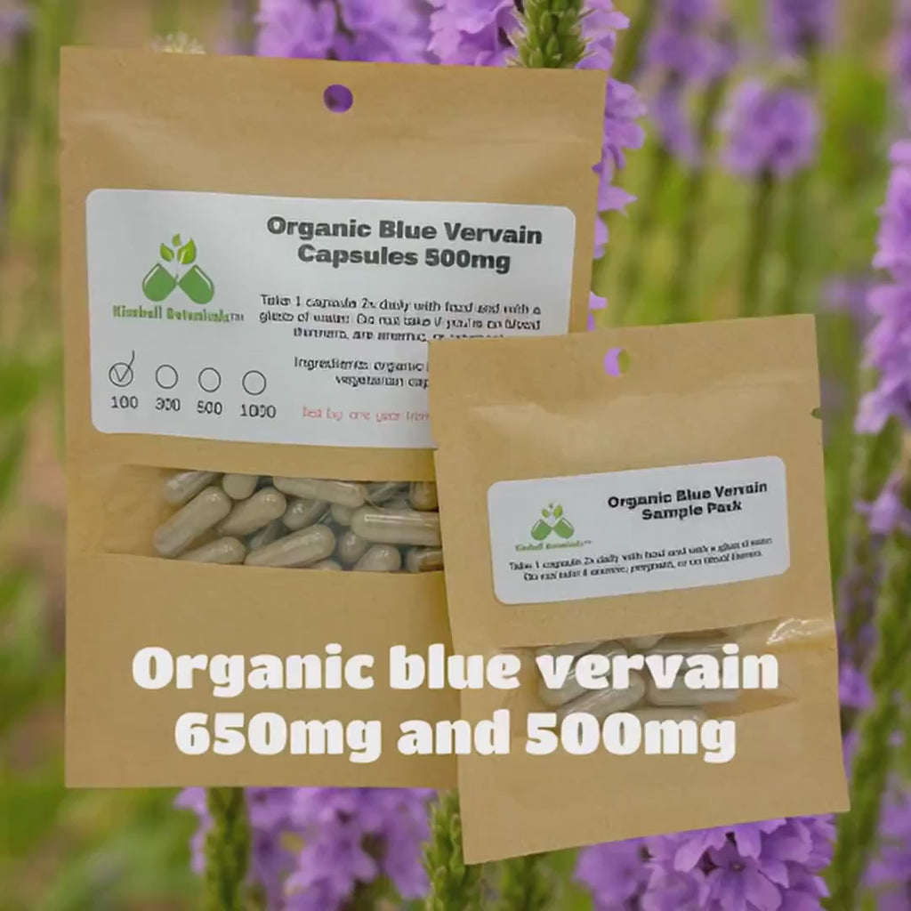 USDA Organic Blue Vervain (Verbena hastata) 500mg and 650mg vegetarian or pullulan capsules, or tincture,  no fillers or binders