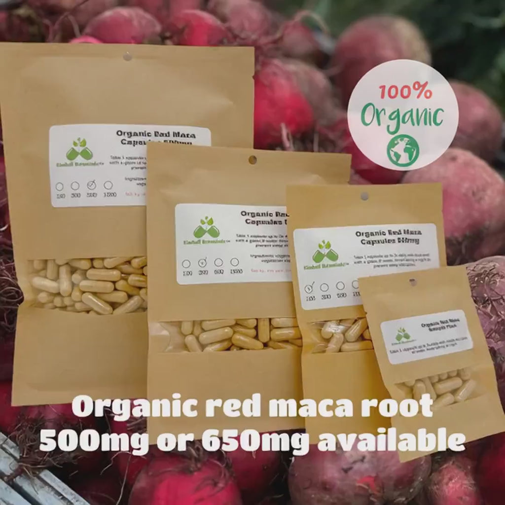 USDA Organic Red Maca (Lepidium meyenii) 500mg or 650mg vegetarian or pullulan capsules made fresh to order.