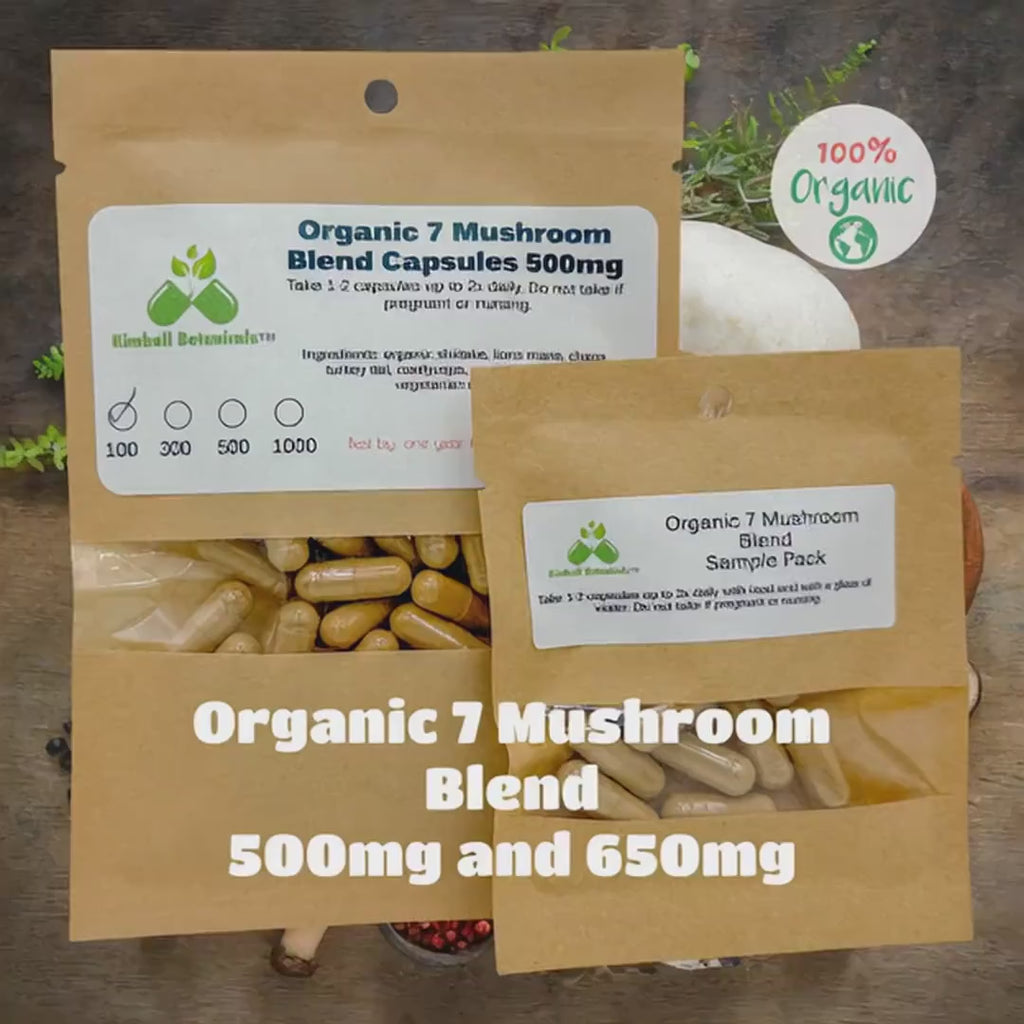 USDA Organic 7 Mushroom Blend, 500mg and 650mg vegetarian or pullulan capsules made fresh to order without any fillers.