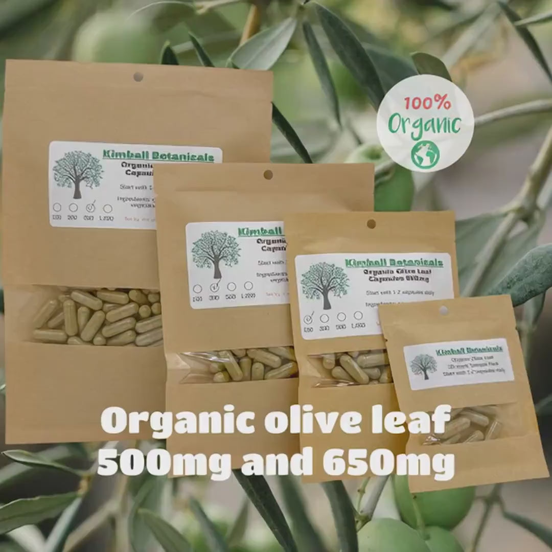 Organic Olive Leaf Complex (Olea europaea) 500mg and 650mg vegetarian or pullulan capsules, zero  fillers or binders