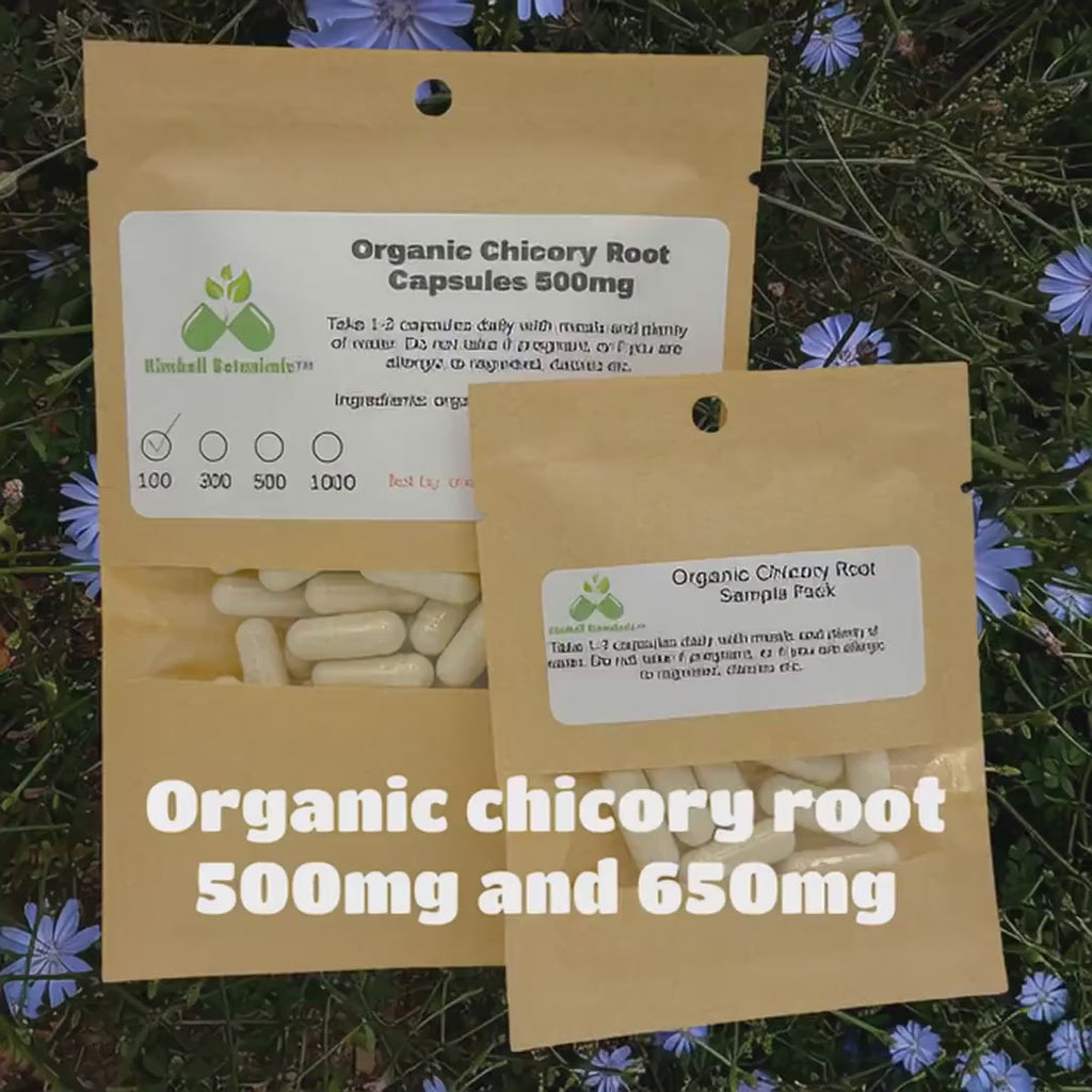 Certified Organic Chicory Root (Cichorium intybus) 500mg and 650mg vegetarian capsules, made fresh to order