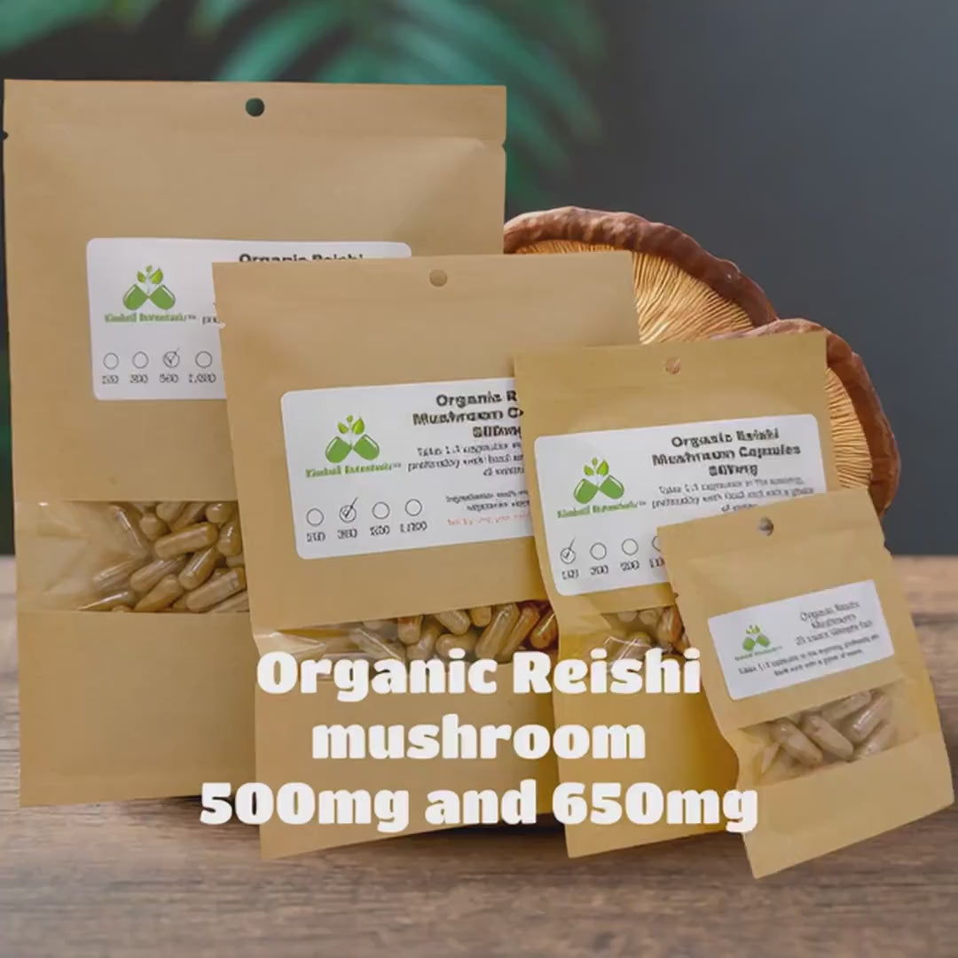 Organic Reishi (Ganoderma lucidum) Full Spectrum Mushroom 500mg and 650mg vegetarian capsules made fresh to order