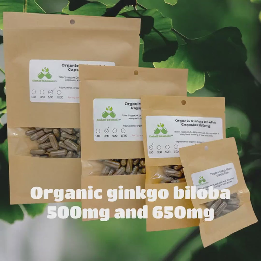USDA Certifed Organic Ginkgo Biloba Leaf 500mg and 650mg vegetarian or pullulan capsules made without any fillers or binders