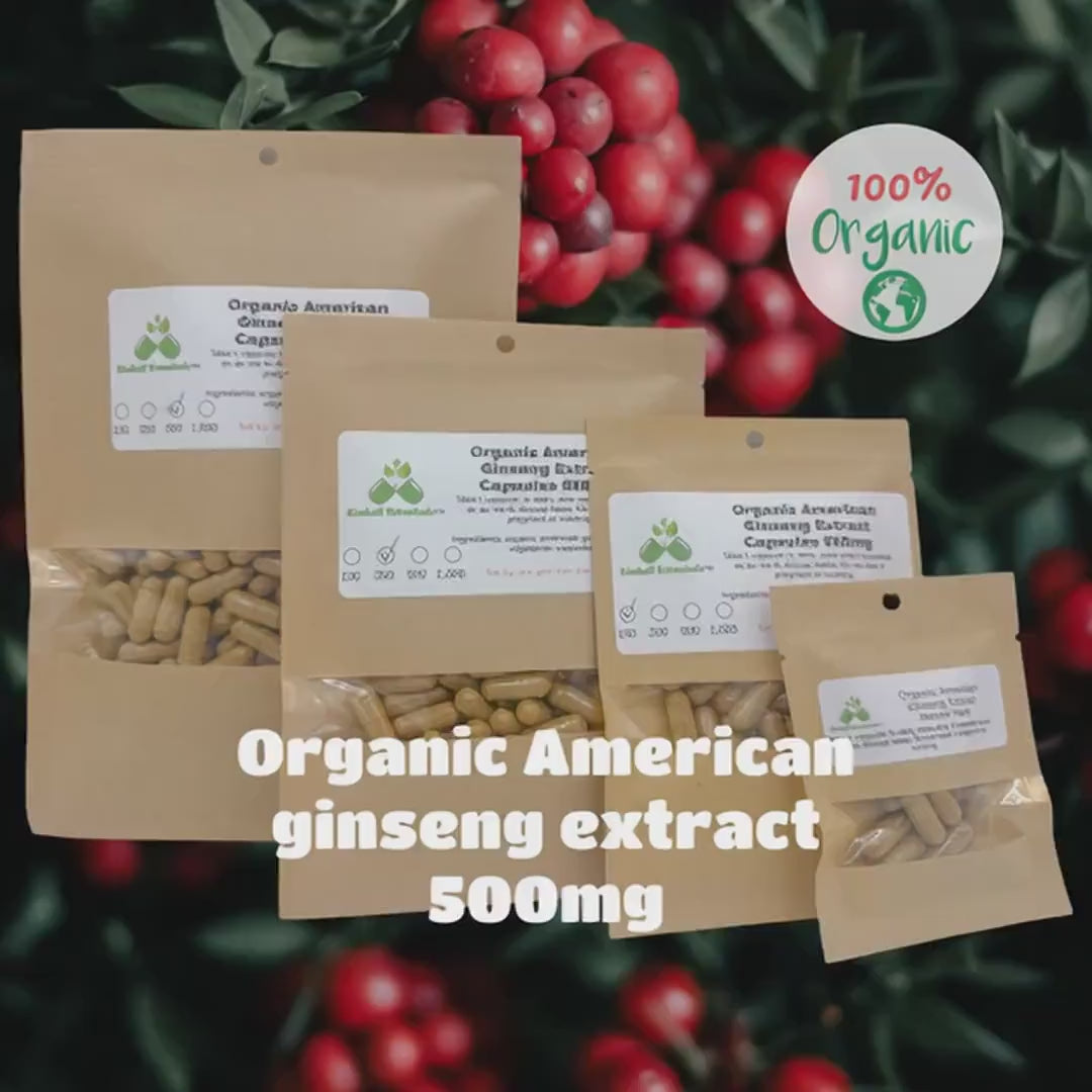 Organic American Ginseng Extract (Panax quinquefolius) 500mg and 650mg vegetarian capsules made fresh to order
