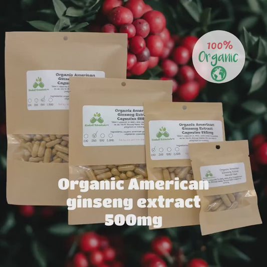 Organic American Ginseng Extract (Panax quinquefolius) 500mg and 650mg vegetarian capsules made fresh to order
