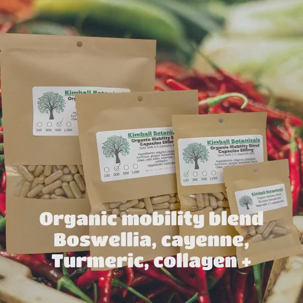Organic Herbal Mobility Blend, 500mg and 650mg vegetarian or pullulan capsules, made fresh to order
