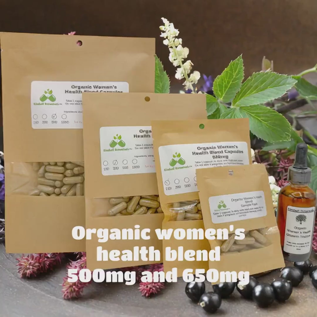 Organic Women’s Health blend 500mg or 650mg vegetarian or pullulan capsules, or tincture, made fresh to order