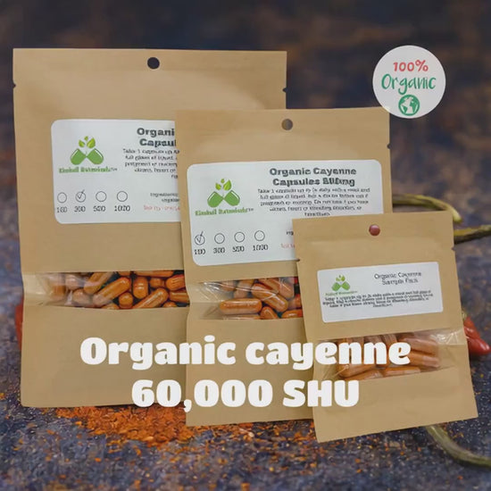Organic Cayenne Pepper 60,000 SHU, 500mg and 650mg vegetarian or pullulan capsules, zero fillers